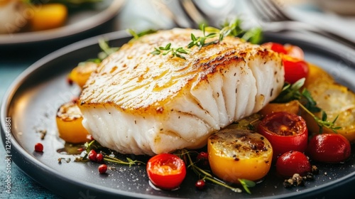 Fish recipe, close-up of a plate with a back of cod with baby vegetables, ready to be served in a restaurant