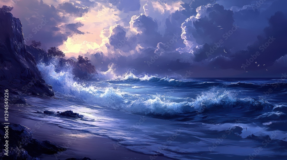 Fototapeta premium Waves crash on a serene shore at sunset.