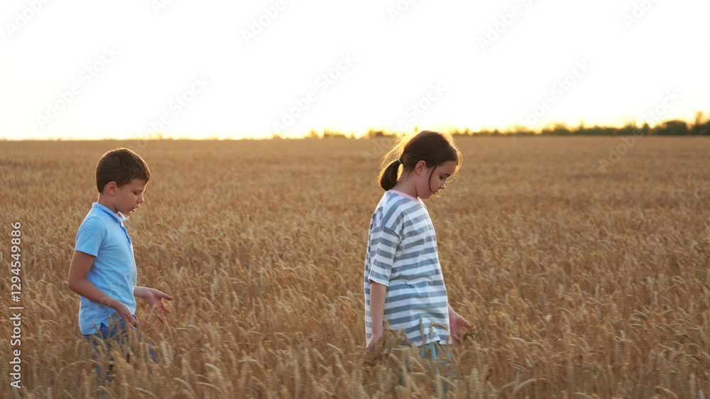 Calm happy children walking through wheat field at sunset. Boy child follows sister along yellow field in setting sun. Girl boy children kids peacefully quietly walking in field in nature outside. Calm happy children walking through wheat field at sunset. Boy child follows sister along yellow field in setting sun. Girl boy children kids peacefully quietly walking in field in nature outside.