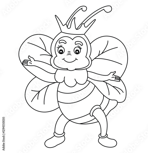 Cute cartoon hand drawn vector queen bee coloring page.
