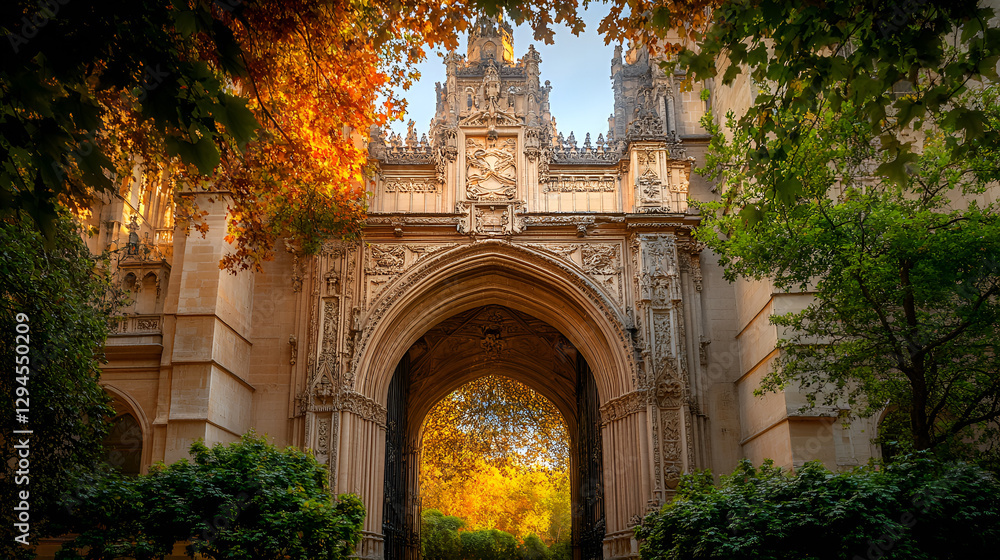 Obraz premium A close-up of the architectural details of a historic building framed by vibrant autumn foliage