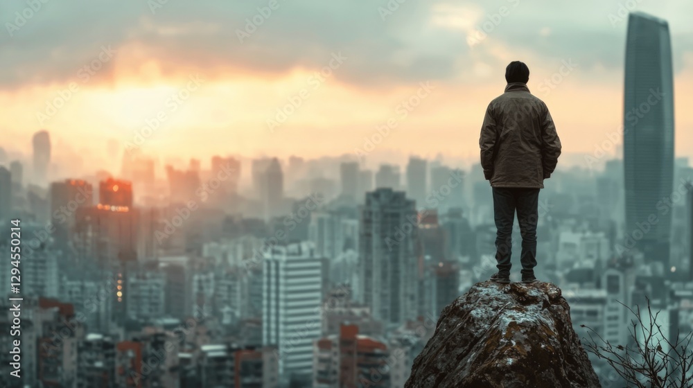 Man Silhouette Cityscape Sunset Urban View Solitude Contemplation Achievement Man Silhouette Cityscape Sunset Urban View Solitude Contemplation Achievement