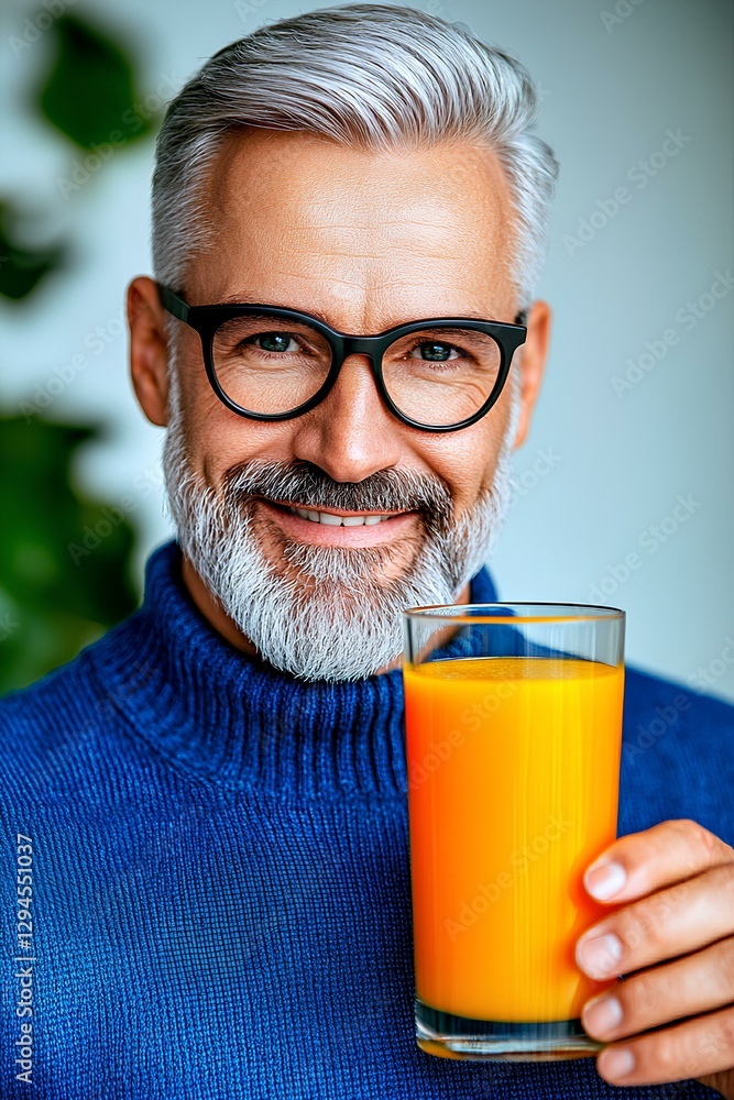 Mature gray-haired man in glasses and blue sweater in a modern kitchen savoring a fresh glass of orange juice, emphasizing nutrition and well-being. Mature gray-haired man in glasses and blue sweater in a modern kitchen savoring a fresh glass of orange juice, emphasizing nutrition and well-being.
