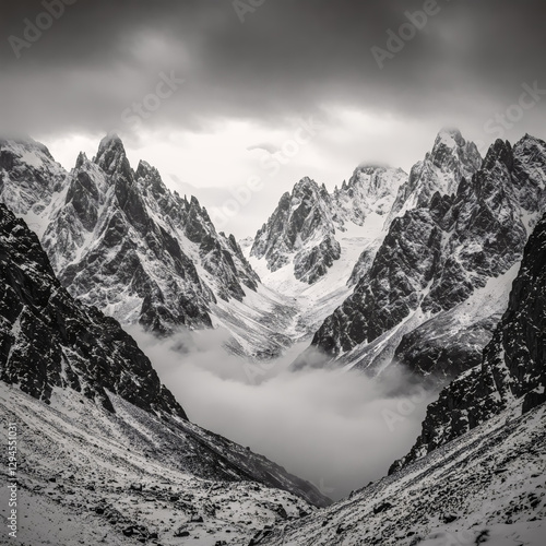 Majestic Peaks: A breathtaking monochromatic shot capturing the raw, imposing beauty of towering mountain peaks, enveloped in mist, under a dramatic, overcast sky.