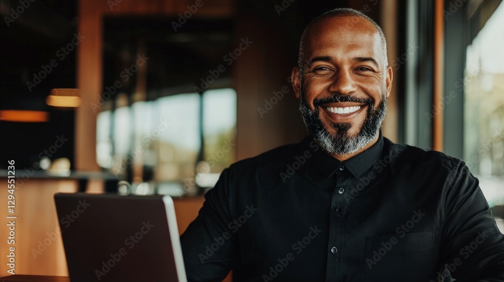 Confident Businessman Smiling Laptop Modern Office Success Confident Businessman Smiling Laptop Modern Office Success