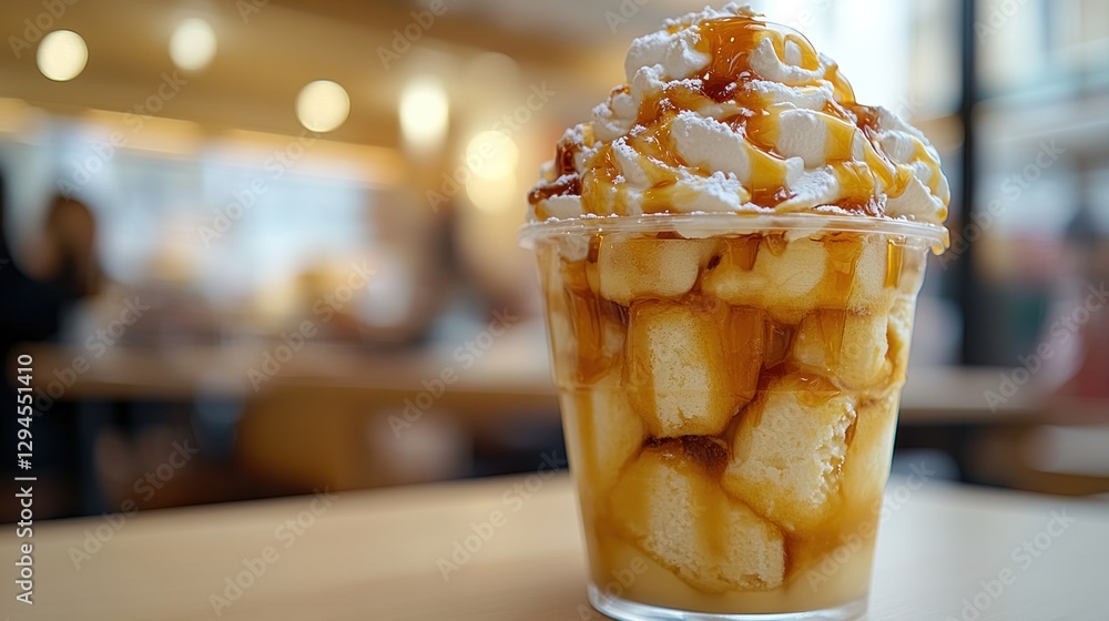 Fototapeta premium Caramel custard dessert in a cup, cafe setting, blurred background, sweet treat