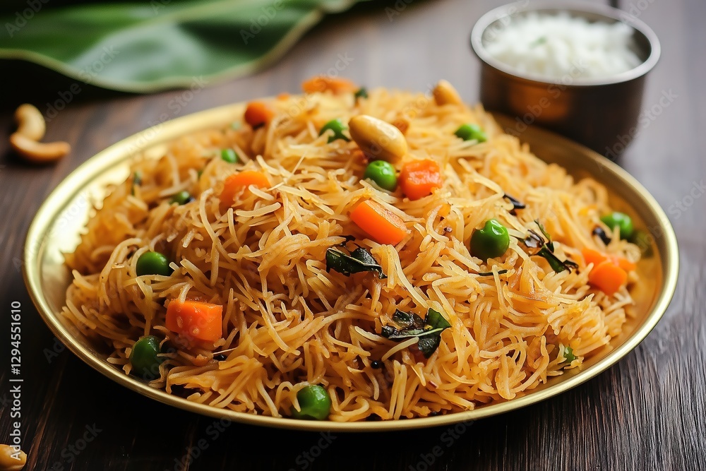 Traditional South Indian Vermicelli Upma on a Brass Plate Traditional South Indian Vermicelli Upma on a Brass Plate