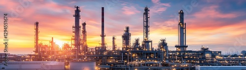 Wallpaper Mural An industrial landscape at sunset, featuring towering oil refinery structures against a vibrant sky, showcasing modern engineering. Torontodigital.ca