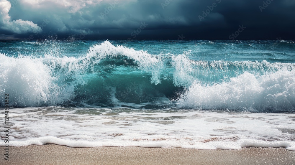 Fototapeta premium Powerful ocean wave crashes on shore under a dramatic sky.