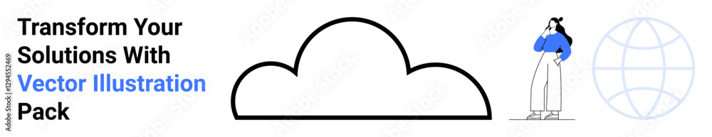 Cloud outline as central element, woman thinking with blue top, and globe shape symbolizing worldwide connection. Ideal for technology, innovation, storage, global reach, brainstorming, cloud Cloud outline as central element, woman thinking with blue top, and globe shape symbolizing worldwide connection. Ideal for technology, innovation, storage, global reach, brainstorming, cloud