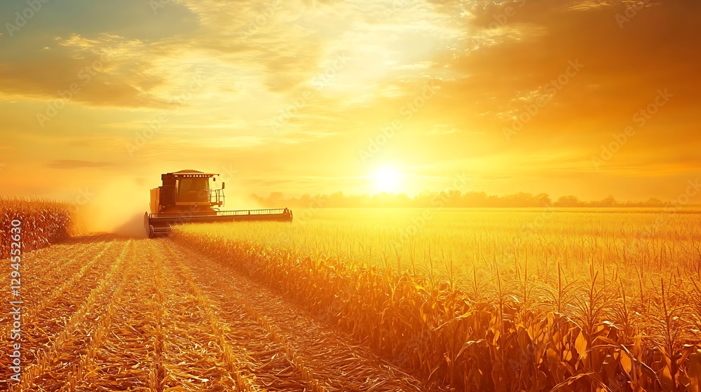 Fototapeta premium A wide field of corn being harvested by a combine under a setting sun 