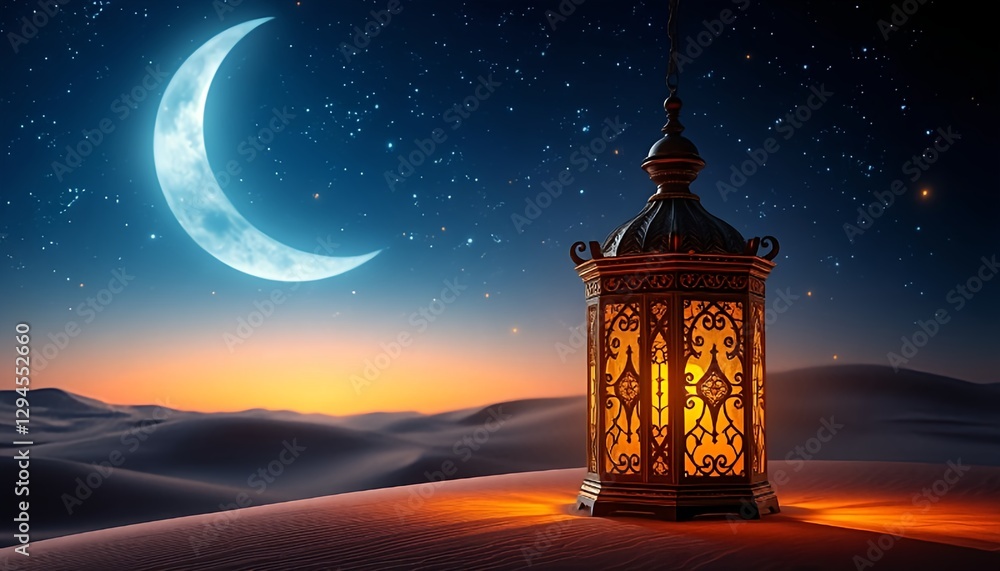 A beautifully illuminated ornate lantern glowing warmly in a serene desert night, under a starry sky with a crescent moon. A perfect representation of Ramadan, spirituality