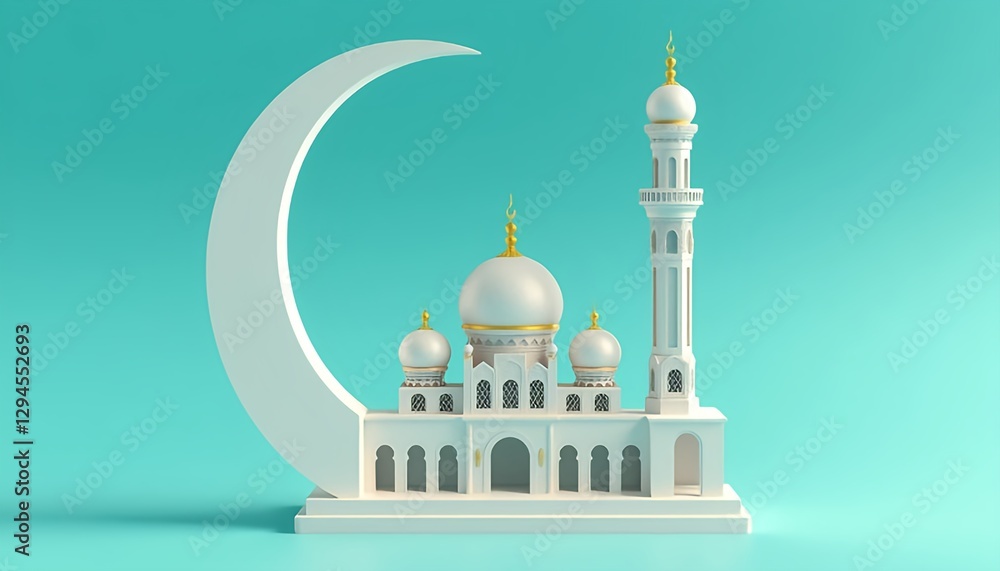 a beautiful white mosque with golden details and a crescent moon on a soft turquoise background. Perfect for Ramadan, Eid, and Islamic celebrations