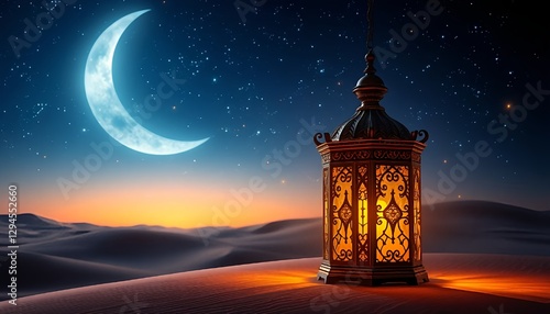 Obraz na płótnie A beautifully illuminated ornate lantern glowing warmly in a serene desert night, under a starry sky with a crescent moon. A perfect representation of Ramadan, spirituality w salonie