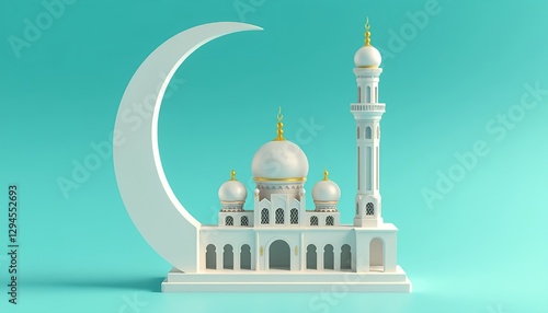 Obraz na płótnie a beautiful white mosque with golden details and a crescent moon on a soft turquoise background. Perfect for Ramadan, Eid, and Islamic celebrations w salonie