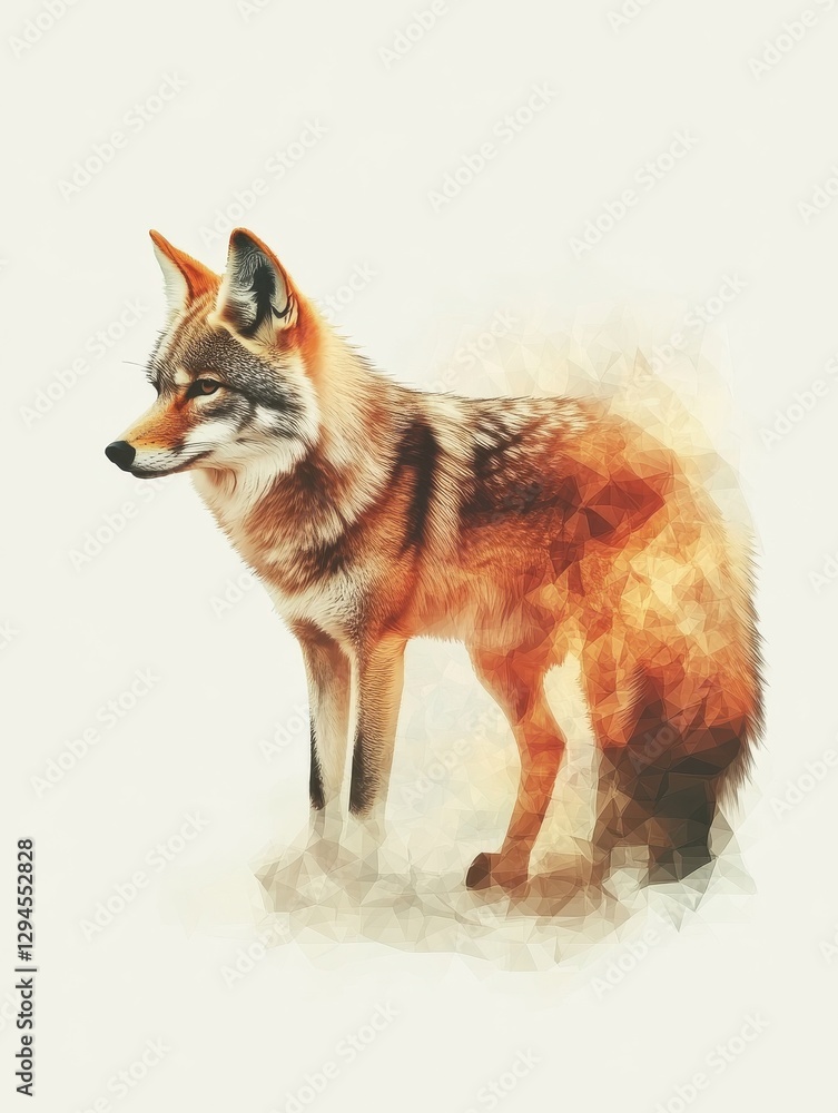 Fototapeta premium Artistic portrayal of a coyote in warm colors, blends of orange and brown; ideal for nature-themed designs or wildlife discussions.