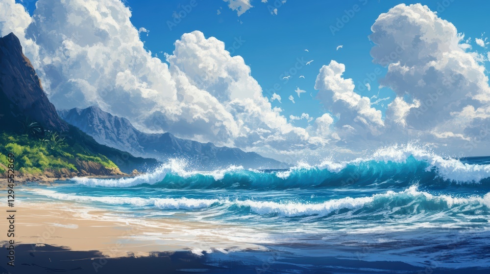 Fototapeta premium Tropical beach paradise, waves crash on shore.