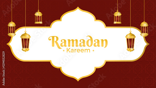 Red horizontal Ramadan Kareem greeting with shinny Islamic lantern. Islamic copy space template background