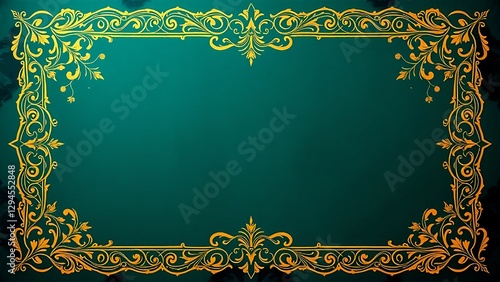 Obraz na płótnie A luxurious vintage-style frame with intricate gold detailing on a rich green gradient background. Perfect for invitations, certificates, decorative designs, and classic-themed projects. w salonie