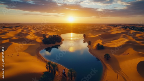 Obraz na płótnie Stunning desert oasis at sunset with reflective water and dunes in tranquil landscape w salonie
