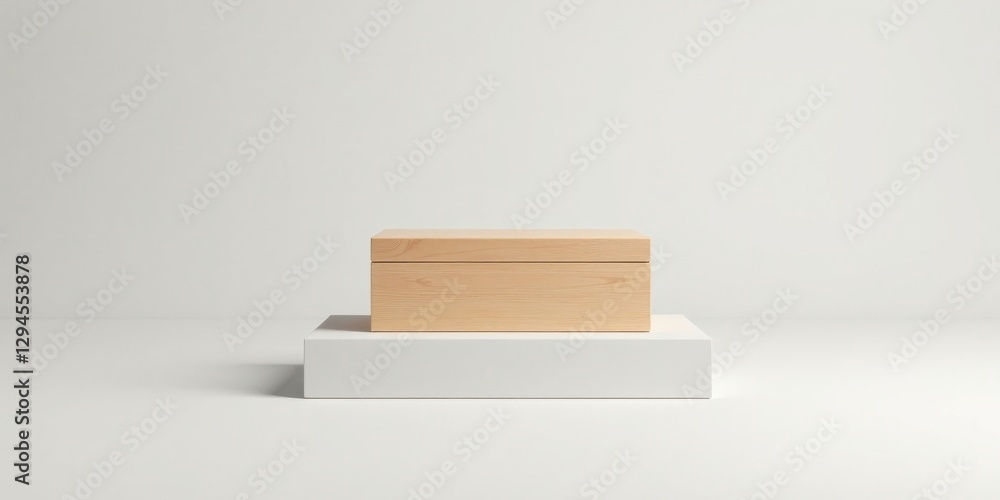 A Simple Wooden Box Resting on a White Platform Against a Plain White Background A Simple Wooden Box Resting on a White Platform Against a Plain White Background