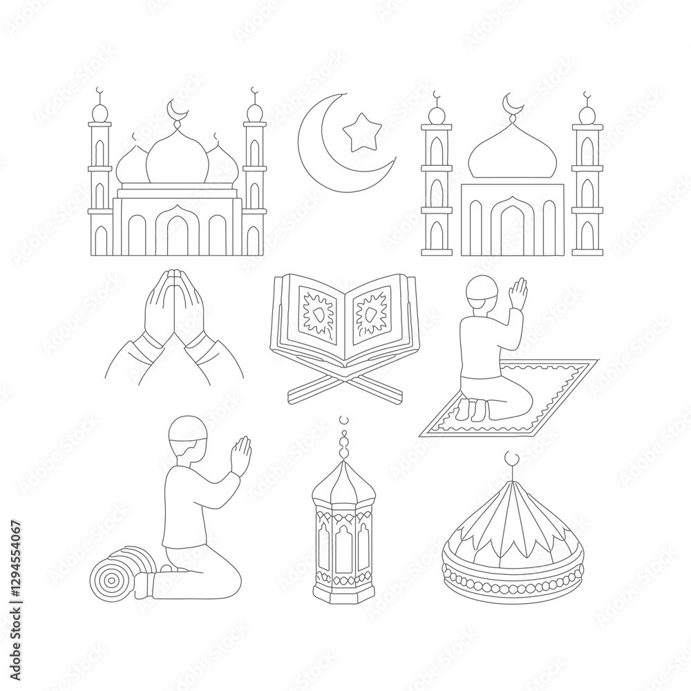 Fototapeta premium A black-and-white line art illustration featuring a set of Islamic-themed icons