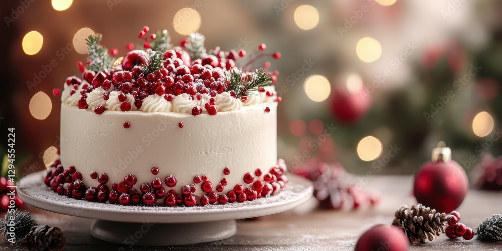 Beautifully decorated holiday cake adorned with red berries in a festive setting with lights Beautifully decorated holiday cake adorned with red berries in a festive setting with lights