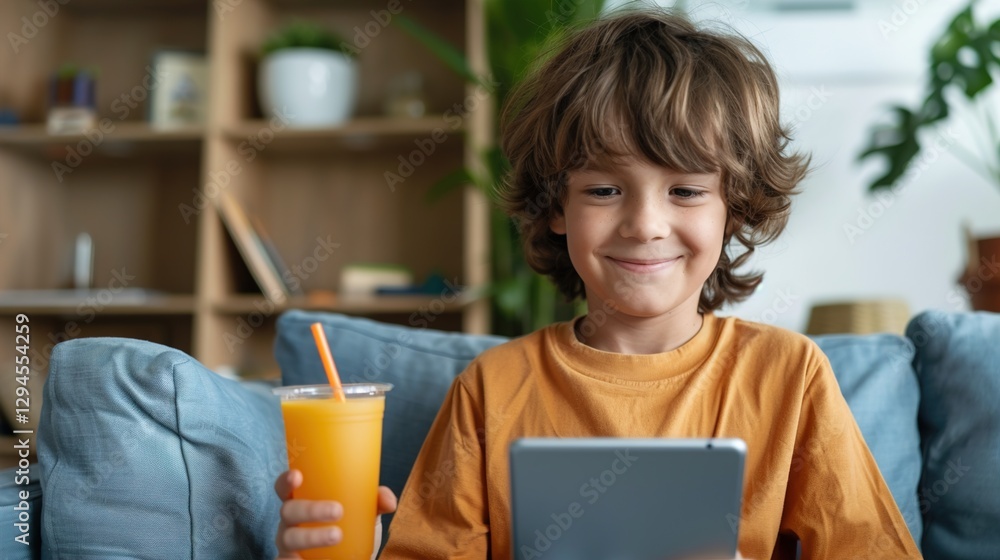 A smiling Caucasian boy, wearing an orange shirt, sits on a blue couch enjoying a drink and using a tablet, creating a joyful and relaxed atmosphere. A smiling Caucasian boy, wearing an orange shirt, sits on a blue couch enjoying a drink and using a tablet, creating a joyful and relaxed atmosphere.