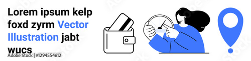Woman holding steering wheel, wallet with cards, and blue map pin icon with text on the side. Ideal for navigation apps, payment solutions, travel planning, GPS services, digital wallets, user
