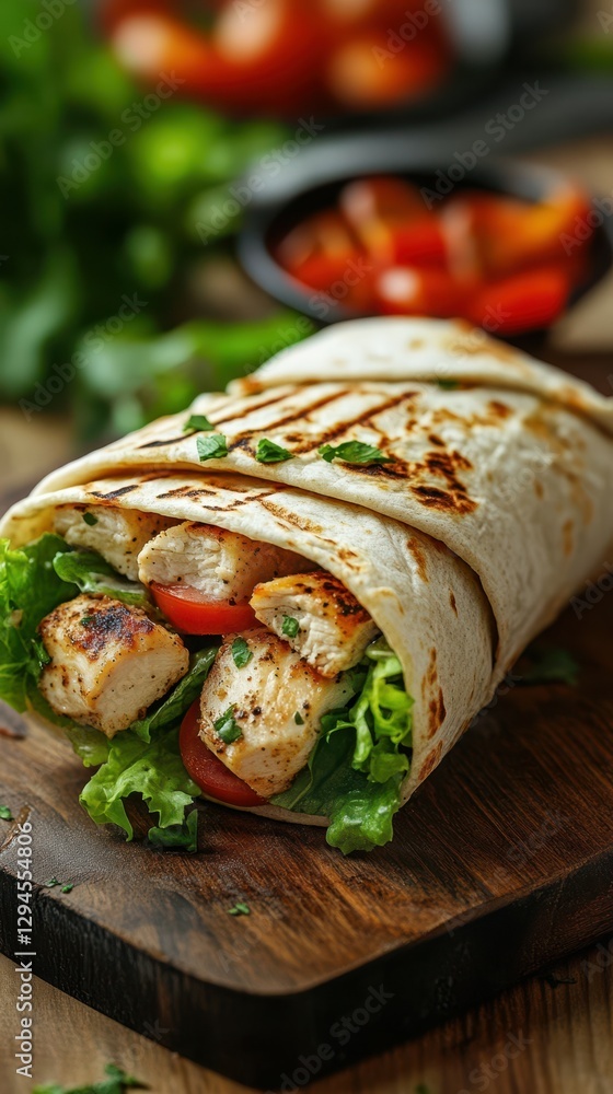 Deliciously grilled chicken wrap with fresh vegetables on a wooden board Deliciously grilled chicken wrap with fresh vegetables on a wooden board