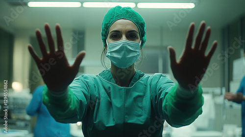 Medical professional in surgical scrubs and mask raises hands in a hospital setting during an emergency procedure at night