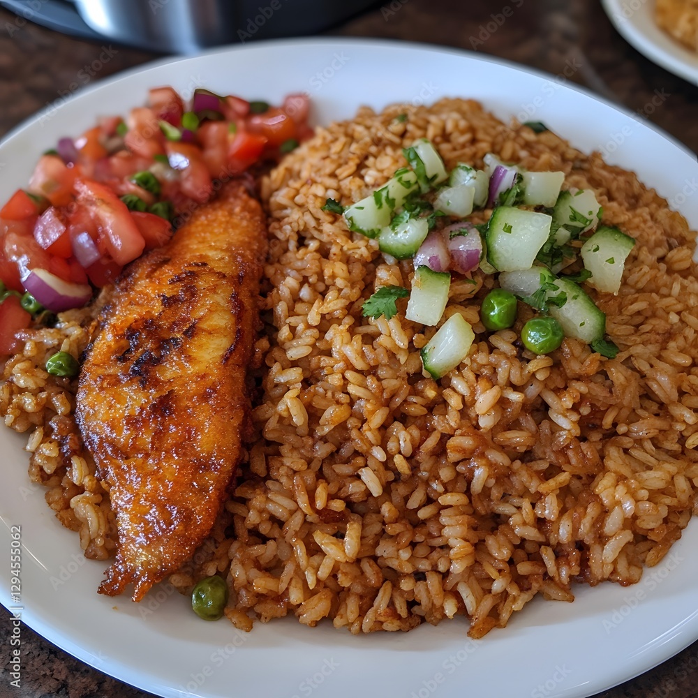 Fototapeta premium Delicious Pan-Fried Fish with Seasoned Rice and Salsa