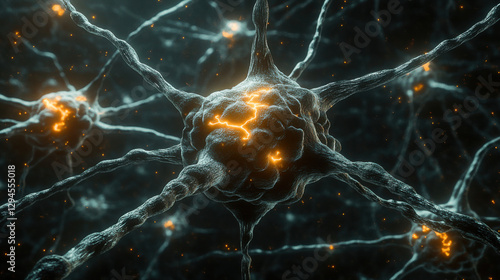 Intricate neural network illuminated with glowing nodes showcasing brain activity and connectivity within neurons