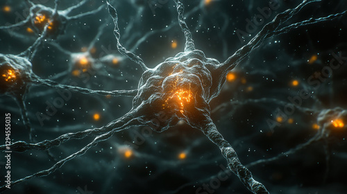Intricate network of neurons firing in a vibrant display of energy at cellular level