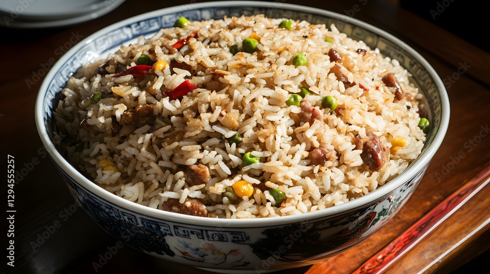 Delicious Asian Pork Fried Rice with Peas and Corn in Bowl Delicious Asian Pork Fried Rice with Peas and Corn in Bowl
