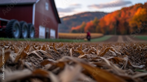 Autumnal Farm Landscape with Red Barn and Harvested Cornfield at Sunset photo