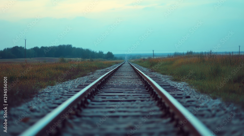 Fototapeta premium Endless railway tracks stretching towards the horizon under a serene, expansive sky, encapsulating freedom and journey.