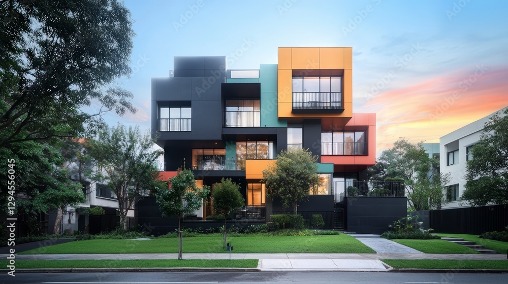 Obraz premium Modern Apartment Building Sunset Colorful Facade Urban Architecture Real Estate