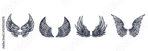 Hand drawings of four pairs various mythological angel wings, vector sketches isolated on white