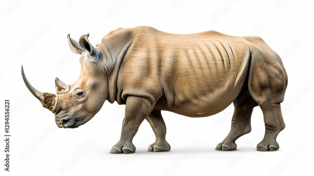 Obraz premium A highly detailed side profile of a rhinoceros standing against a white background 