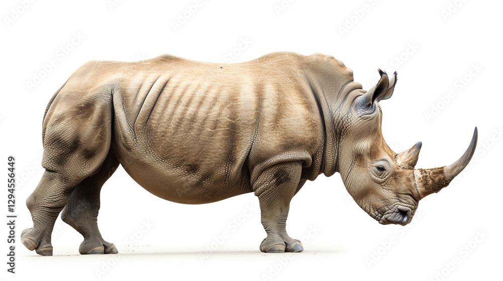 Fototapeta premium A highly detailed side profile of a rhinoceros standing against a white background 