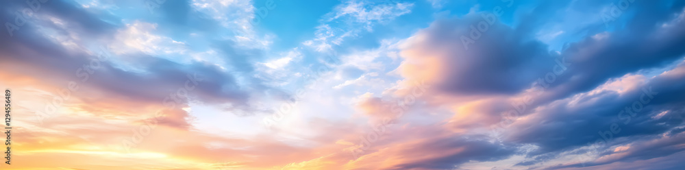 Obraz premium Panoramic sky with beautiful clouds at sunset, featuring blue and orange colors