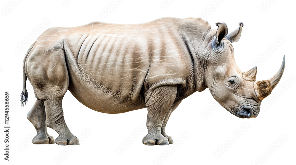 Fototapeta premium A highly detailed side profile of a rhinoceros standing against a white background