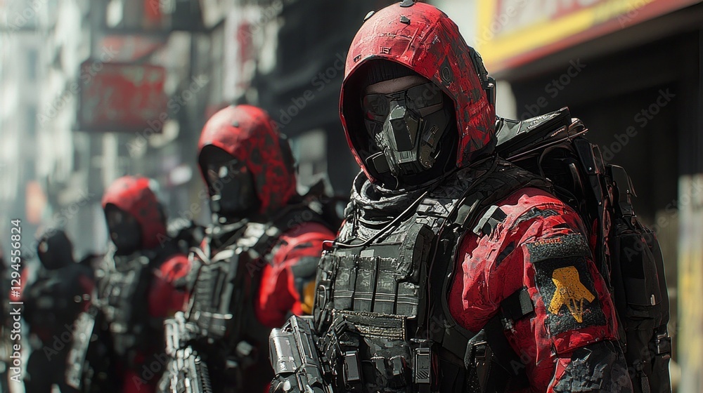 Obraz premium Futuristic Soldiers in Urban Environment with Red Camouflage Gear