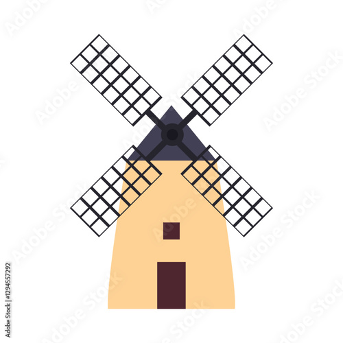 Flat design traditional windmill vector illustration – vintage rural building with rotating blades used for milling grain