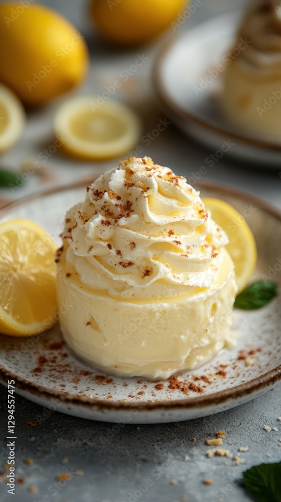 Creamy lemon dessert topped with whipped cream and crushed cookies at a cozy kitchen setting Creamy lemon dessert topped with whipped cream and crushed cookies at a cozy kitchen setting