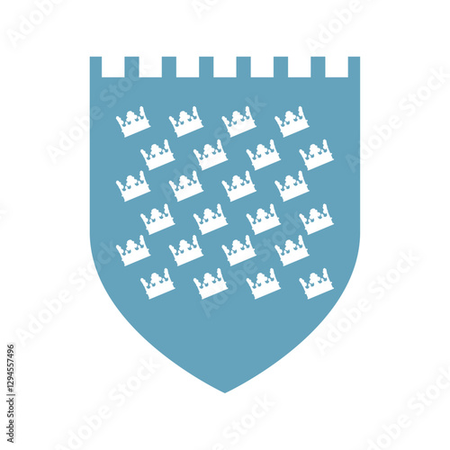 Flat vector illustration of a medieval-style blue heraldic shield with white crown symbols, representing royalty and nobility
