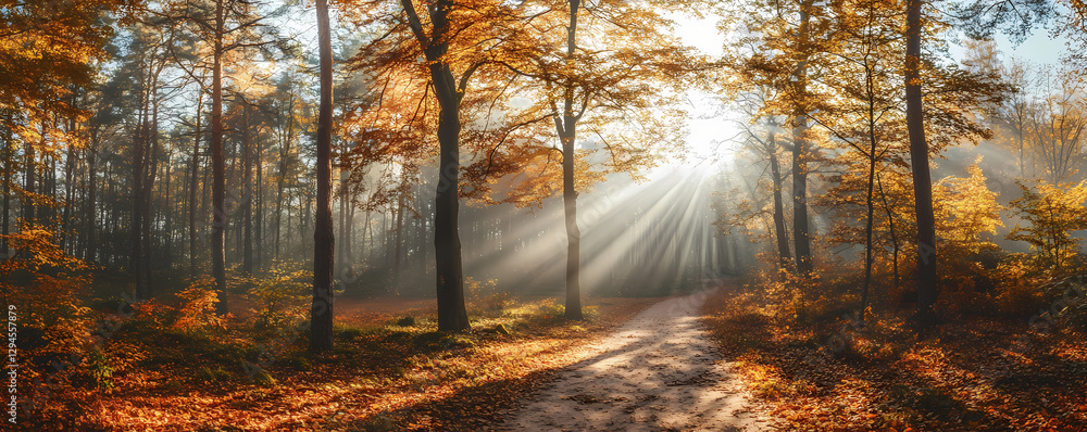 Obraz premium Panoramic view of an autumn forest with sun rays and a path, colorful trees with golden leaves in the park