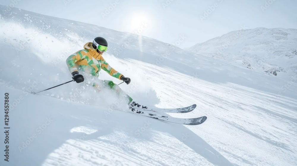 Skier carving powder snow on sunny mountain slope Skier carving powder snow on sunny mountain slope