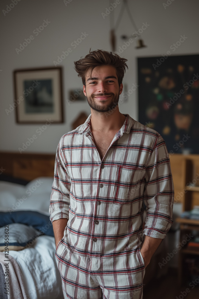 Portrait of a smiling man wearing pajamas, standing in a bedroom with a relaxed and happy expression on his face. Portrait of a smiling man wearing pajamas, standing in a bedroom with a relaxed and happy expression on his face.